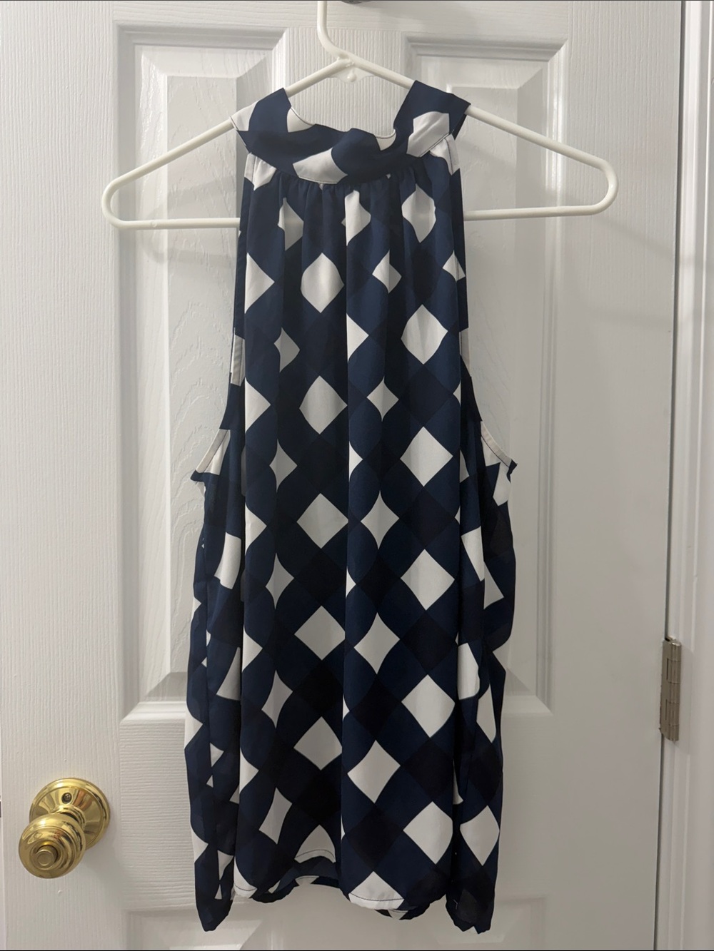 J. Crew Navy & White Geometric High-Neck Top with Back Tie